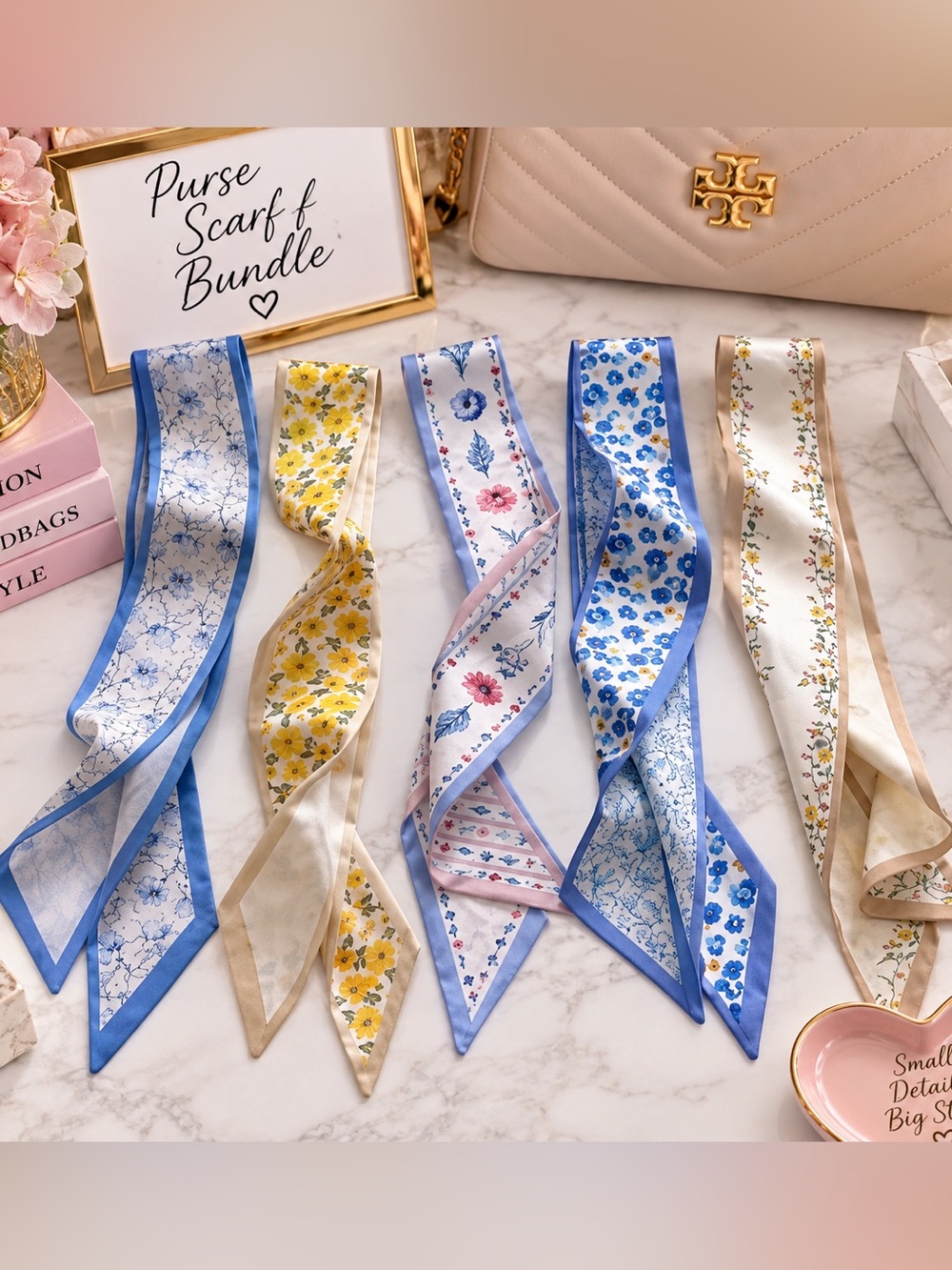 Purse Scarf Bundle - Pink, Blue, Green, White Patterned Twilly Scarves
